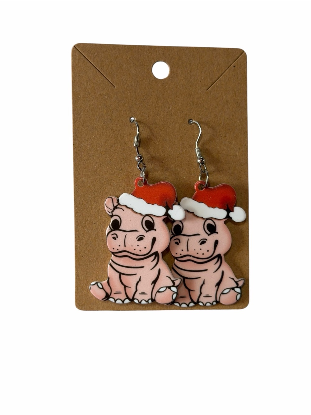 Cute Pink Hippo Santa Earrings for Kids